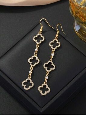 Gold Clover Dangle Earrings with Crystals - Women Jewelry